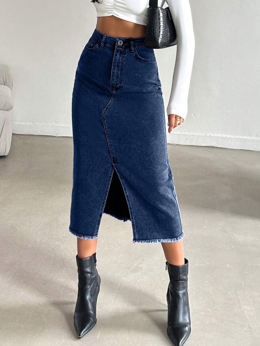 RueChic 女式休闲流苏边开衩牛仔裙，秋季 - 深色水洗藍 - 查看 1
