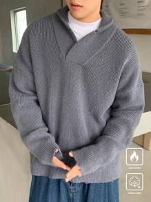 Claim Dot 男士立领休闲纯色纯色落肩宽松针织长袖毛衣，适合秋冬季外出、朋友聚会 - 深灰色 - 查看 4