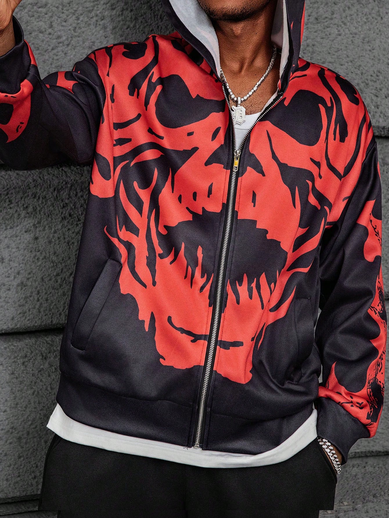 Manfinity Dauomo Men's Allover Print Hooded Zip-Up Long Sleeve Sweatshirt