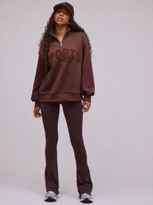 Musera Sport Half Zip High Neck Slogan Sweatshirt - Coffee Brown - View 3