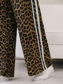 Mulvari Leopard Print Contrast Color Tape Patchwork Casual Leopard Print Pants