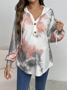 SHEIN Sudadera con capucha de media plackett abotonada, cordón y detalles acanalados con mangas raglán, para mujeres en otoño e invierno