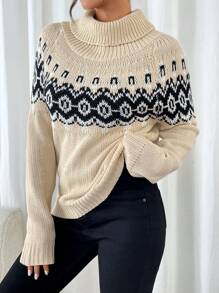 SHEIN LUNE Women's Fall Winter Casual Minimalist Geometric Pattern Long Sleeve Sweater Knit Pullover - Apricot - View 4