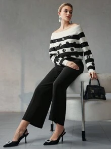 MOTF WOOL TWO TONE STRIPED PATTERN OFF SHOULDER CONTRAST SEQUIN SWEATER - Black and White - View 6