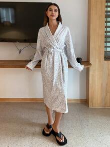 DAZY Floral Pattern Thermal Lined Loose Robe, Winter Pajama, Thermal Lined - Beige - View 3