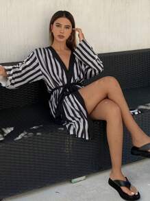 DAZY 保暖条纹拼布饰边浴袍，秋冬睡衣