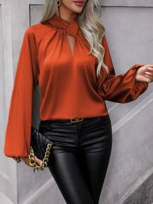 SHEIN Clasi Women Solid Color Long Sleeve Hollow Simple Casual Shirt Fall Cloth For Women - Burnt Orange - View 5