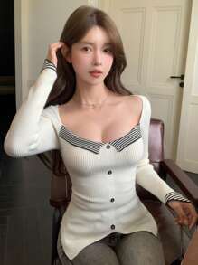 DAZY Stripe Patchwork Slit Fitted Minimalist Knitted Sweater For Women,Fall Clothes