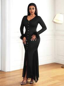 Zolique Women Elegant Patchwork Feather Cuff Split Hem Dress, Autumn Fall Cloth For Women - Black - View 5