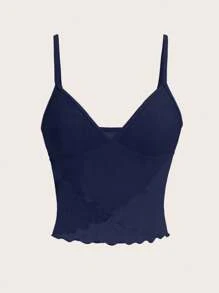 SHEIN ICON 女士纯色荷叶边细肩带网纱半透明吊带衫 - 藏蓝色 - 查看 2
