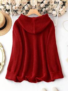 SHEIN LUNE Plus Size Women's Plain Knitted Drawstring Hooded Sweater, Raglan Sleeve Design, Casual And Minimalist Style, Red Pullover Sweater For Autumn/Winter, For Winter Fall - Red - View 2