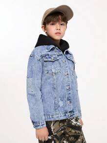 SHEIN Tween Boy Medium Wash Denim Jacket With Graphic Patch Print, Casual - Medium Wash - View 1