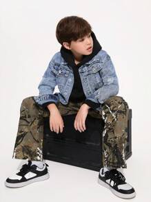 SHEIN Tween Boy Medium Wash Denim Jacket With Graphic Patch Print, Casual - Medium Wash - View 4