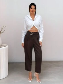 SHEIN Tall Quần ống côn dệt lưng thun co giãn mùa thu đông cho nữ - màu nâu - Xem 4