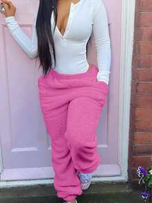 Men's Solid Color Pocket Simple Warm Fleece Pants, Casual Daily Wear - Hot Pink - View 3
