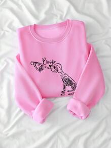 SHEIN EZwear 女士秋冬款狗狗印花圆领长袖羊毛衫 - 淺粉色 - 查看 1