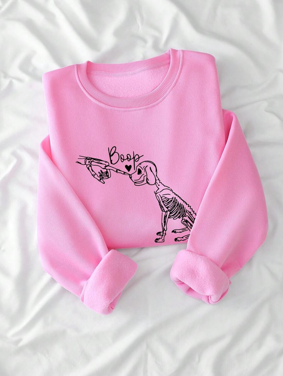 SHEIN EZwear 女士秋冬款狗狗印花圆领长袖羊毛衫 - 淺粉色 - 查看 1