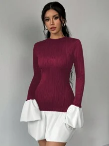 Elenzga 女士优雅浪漫双色荷叶边纹理迷你连衣裙，春秋装 - 酒紅色 - 查看 5