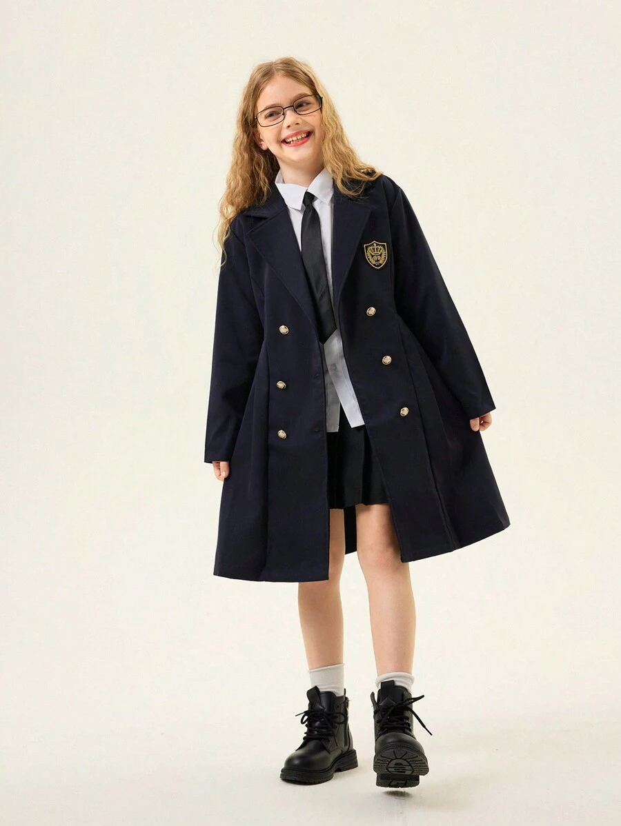 SHEIN Explorewe Tween Girl College Style Collared Jacket For Early Autumn Casual Wear - Navy Blue - View 1