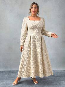 Flirla 大码女式花卉提花方领长袖优雅连衣裙，秋季长款女装 - 杏色 - 查看 6