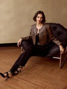 MOTF PREMIUM SOLID FLAP DETAIL CROP JACKET - Coffee Brown - View 2