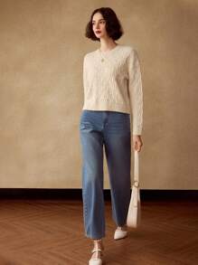 MOTF SOLID DROP SHOULDER CABLE KNIT SWEATER - Apricot - View 8