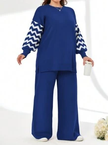 EURMUSE Plus Size Striped Color Block Sweater And Pants Two-Piece Set, For Winter - Navy Blue - View 3