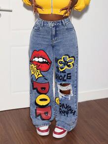 Slaydiva Quần Jeans Nữ Quần Jeans Ống Thẳng Graffiti Y2k Thời Trang Đường Phố Quần Jeans Denim Cạp Thấp Quần Jeans Rộng Cho Nữ - Rửa nhẹ - Xem 3