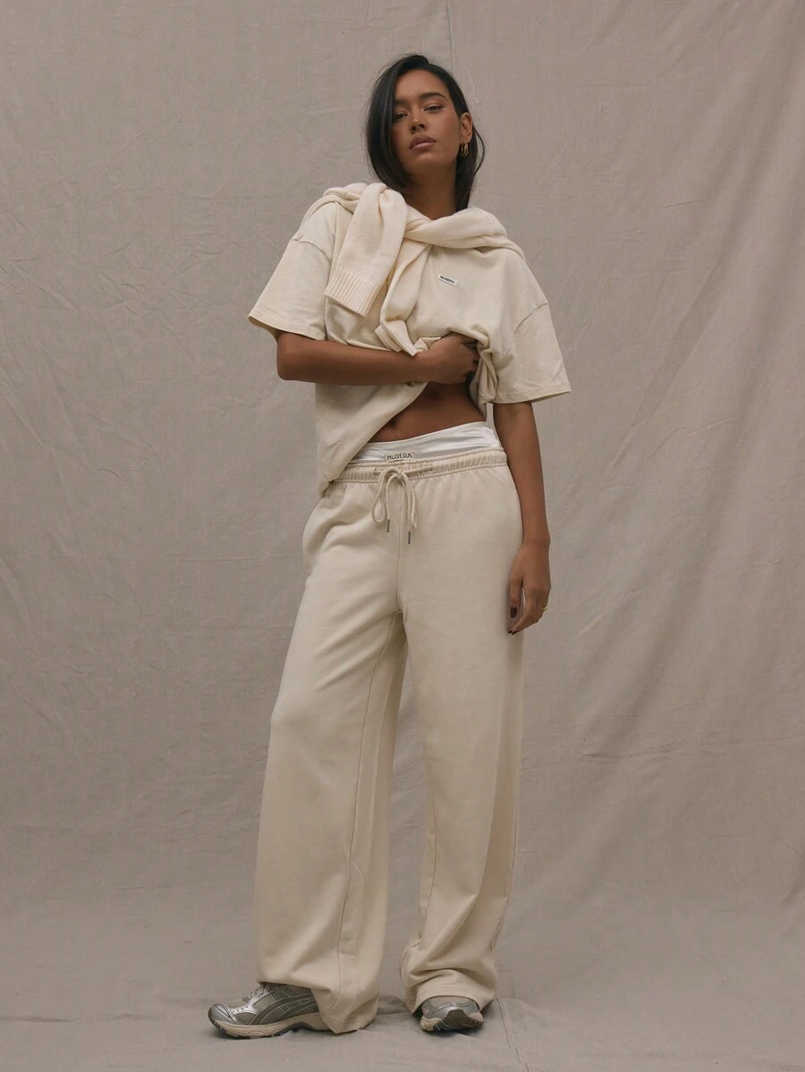 MUSERA Low Rise Drawstring Wide Leg Joggers Airport, Casual - Cream - View 1