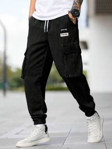 Manfinity Homme Loose Fit Men Letter Patched Flap Pocket Cargo Jeans - Black - View 4