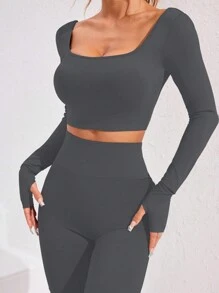 2pcs Women Solid Color Thumb Hole Cropped Slim Fit Top And Flare Pants Sports Suit, Autumn Gym Set Workout Women Set - Dark Grey - View 5