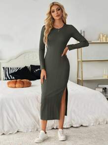 SHEIN Essnce Vestido de Body ajustado de manga larga y cuello redondo de otoño/invierno casual con abertura lateral para mujer, vestido midi de otoño para Halloween