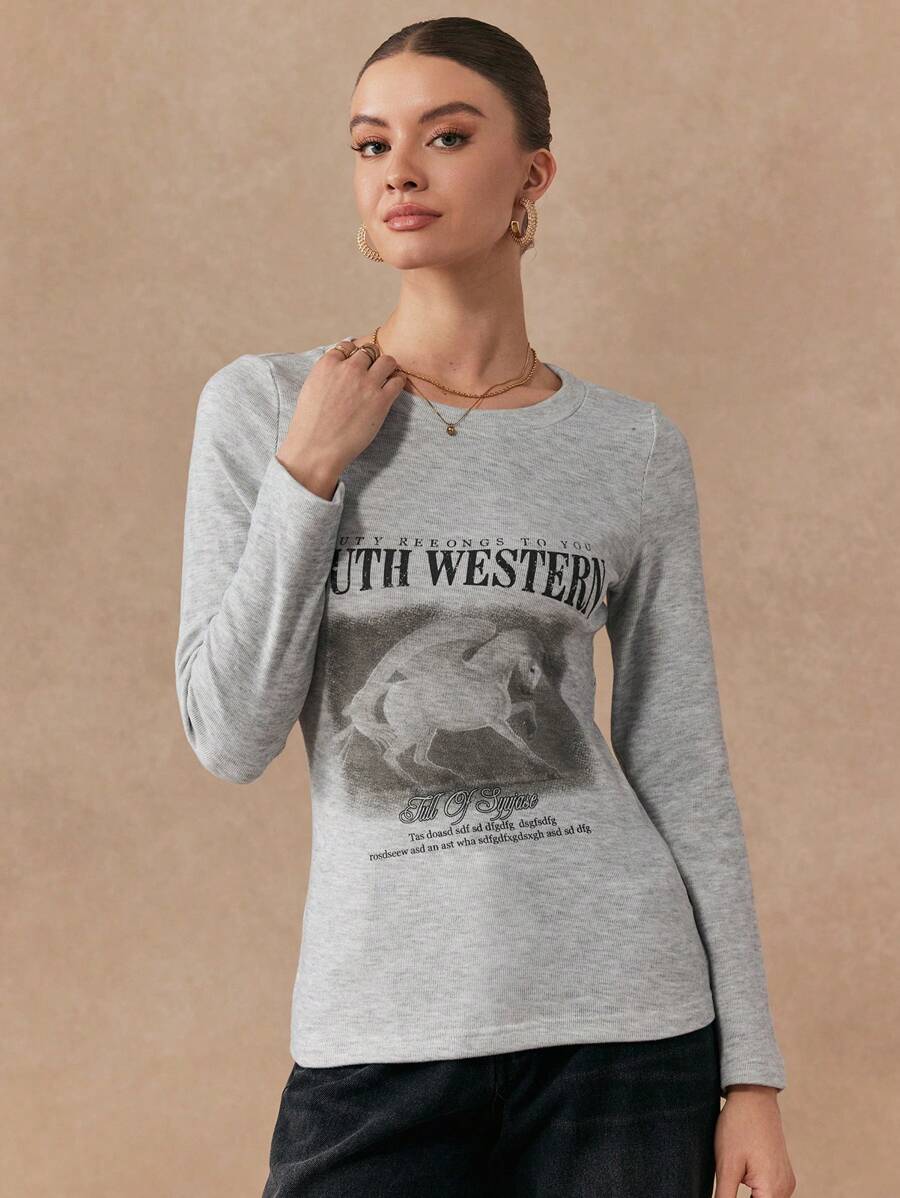 SHEIN Unity Women's Casual Everyday Letter Print Slim Fit Long Sleeve T-Shirt, Autumn Fall Cloth For Women - Grey - View 1
