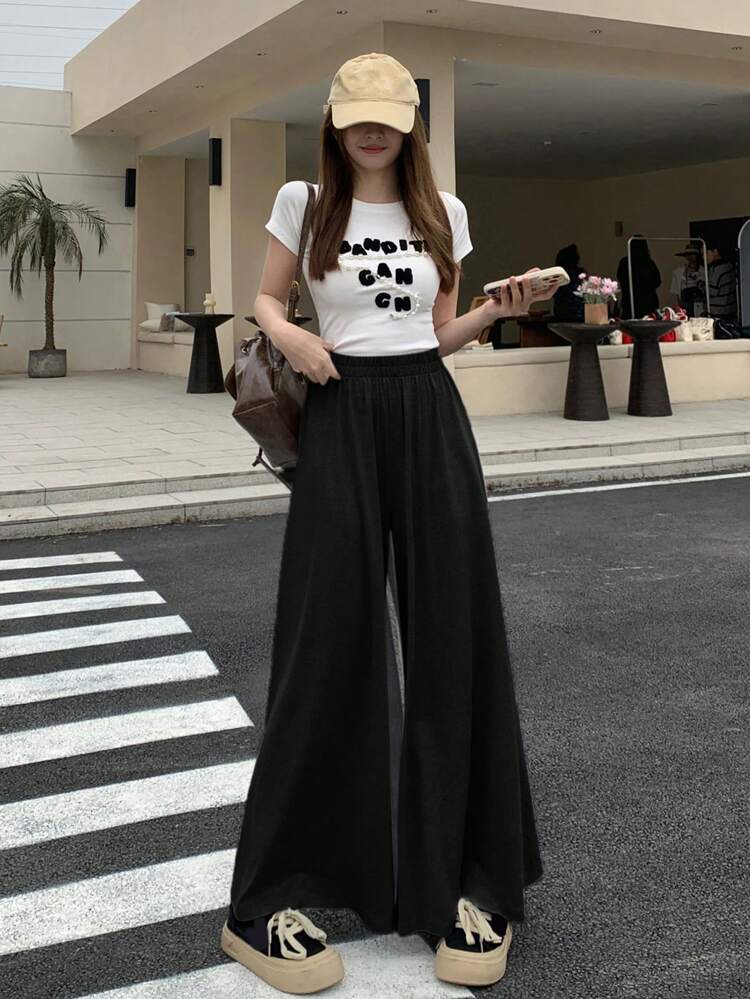 Women Casual Minimalist Solid Color Wide Leg Loose Pants