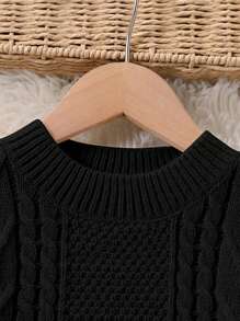 SHEIN Tween Girl 秋冬粗针织圆领灯笼袖毛衣、时尚优雅套头衫、经典百搭分层上衣 - 黑色 - 查看 3