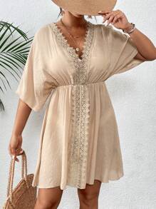 Swim Vcay 女士沙滩连衣裙 V领蕾丝拼接宽松沙滩罩衫 - 卡其色 - 查看 6