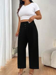 SHEIN LUNE Plus Size Women's Solid Color Casual Pants - Black - View 4