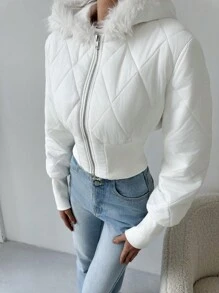 Aloruh 短款防风保暖贴身保暖内衬连帽夹克，百搭白色，厚款，秋冬款 - 白色 - 查看 3
