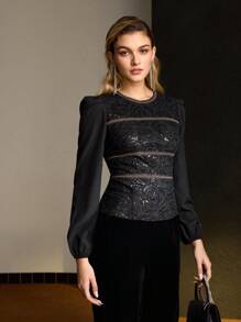 MOTF PREMIUM 亮片刺绣泡泡袖修身上衣