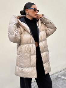 RueChic Women's Solid Color Zip Up Front Pocket Minimalist Hoodie - Beige - View 3