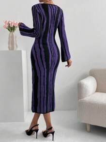 SHEIN Unity 女士优雅拼色圆领修身毛衣裙，秋冬 - 彩色 - 查看 2