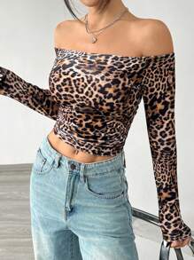 SHEIN EZwear 女士豹纹天鹅绒露肩长袖 T 恤，休闲度假 - 彩色 - 查看 3
