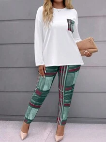 Maweii 大码格子印花圆领长袖上衣和口袋裤套装