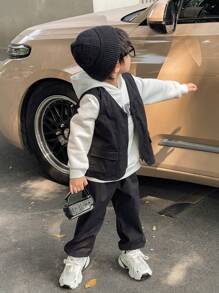 SHEIN 3pcs Young Boys Cute Casual Comfy Solid Color Hoodie, Decorated Gilet, And Pants Set, Suitable For Outings, School, Daily Gatherings, Parties, Autumn/Winter