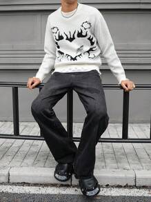 Manfinity EMRG Jersey informal de cuello redondo de manga larga con estampado de corazones para hombre, apto para otoño/invierno