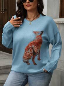 SHEIN LUNE Suéter holgado de punto con estampado de zorro, talla grande, informal para otoño/invierno - Neblina azul - Ver 5