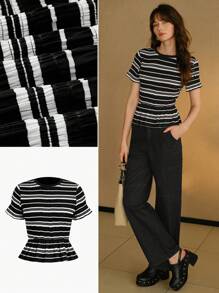 MOTF STUDIO STRIPED TEXTURED RUFFLE HEM T-SHIRT