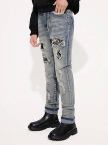 Tween Boy 中号洗水做旧复古印花贴片弹力牛仔裤 - 中等水洗藍 - 查看 2