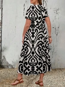 EMERY ROSE 女裝大尺碼休閒花卉印花V領短袖長裙，適合夏季穿著 - 黑與白 - 查看 2