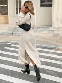 SHEIN Frenchy 女士领口重叠开叉下摆优雅通勤连衣裙，商务休闲女装，节日服装，复古，优雅女装，正式女装，冬季女装优雅连衣裙优雅女装秋季女装连衣裙，派对服装圣诞服装约会服装派对服装万圣节服装，长裙 - 彩色 - 查看 2